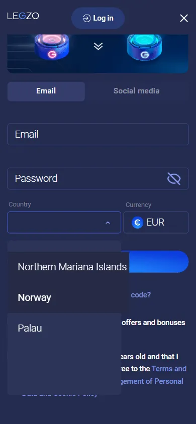 Legzo Casino mobile home interface for casino play and account access