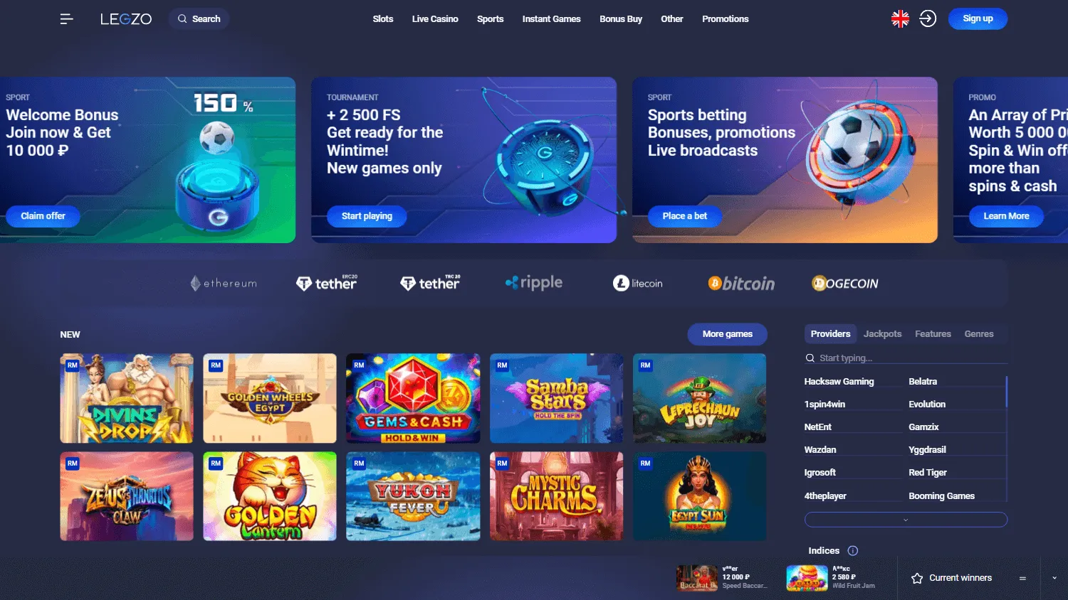 Legzo Casino desktop home interface with casino content and account features